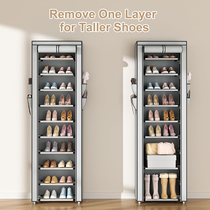 ROJASOP Shoe Rack with Covers 10 Tier Large Shoe Organizer Tall Shoe Closet Storage for 20-22 Pairs Shoe and Boot, Free Standing Shoe Rack Organizer for Closet, Entryway, Bedroom, Grey
