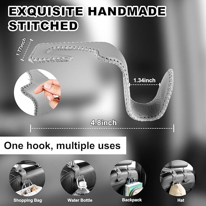 Car Seat Hooks for Purses and Bags, 4 Pack Car Purse Holder for Grocery Bag Handbag Clothes, Metal Headrest Hooks Covered by Leather, Gray