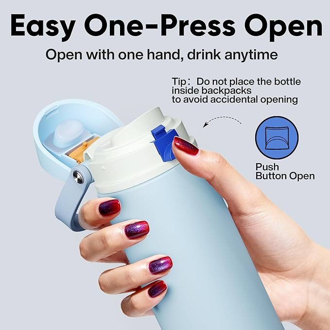 Insulated Water Bottle with Straw - Encool Stainless Steel Water Bottle with Push Button Lid, Leak-Proof & BPA-Free, Keeps Cold for 24 Hours for Sports, Travel, Gym (24 oz, Hazy Blue-Blue)