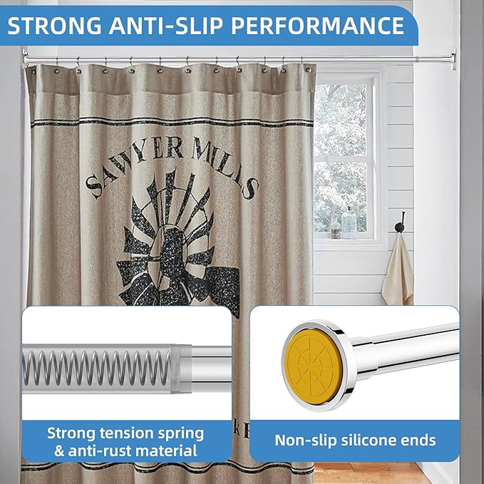 CorkLatta Chrome Shower Curtain Rod,1 Inch Diameter Stainless Steel Adjustable Spring Tension Rods 32 to 80",with Holders,Anti-Slip,Curtain Rods No Drilling(1 Pack)