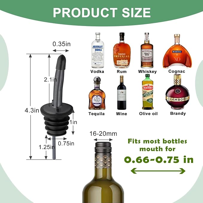 WAFJAMF 6 Pcs Liquor Pour Spouts Set, Stainless Steel Liquor Bottle Pourers with Rubber Dust Caps, for Pours Liquid, Olive Oil, Wine, Vinegar（Black）