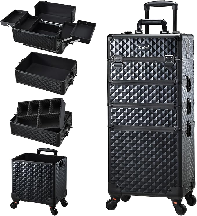 Stagaint Rolling Makeup Case 4 IN 1 Cosmetology Case on Wheels Salon Case | Makeup Organizer Box with Wheels Cosmetic Travel Case Nail Tech Storage Traveling Trunk Box All-Black Diamond