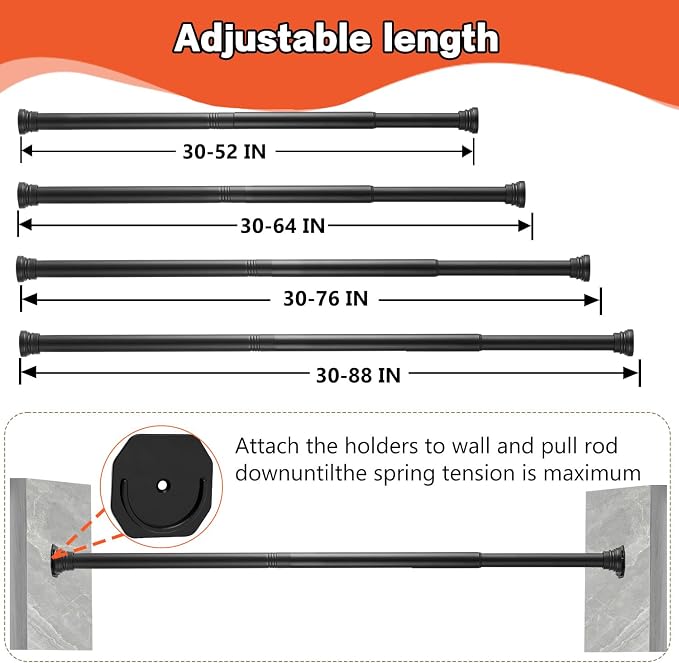 Closet Rod for Hanging Clothes, with No Drilling Holder 30 to 88 Inches Adjustable Matte Black Closet Rods, Space Saving Tension Spring Pole Heavy Duty Bar for Wardrobes, Shoe Cabinets