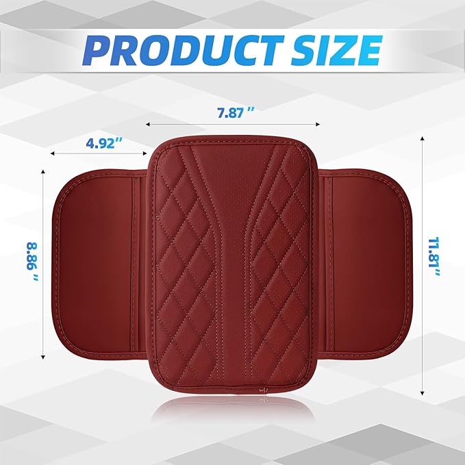 Car Center Console Cover, 11.8"×6.7" Leather Armrest Cover for Cars, Multifunctional Auto Armrest Cushion Pad with Storage Pocket, Universal Arm Rest Protector Car Accessories (Wine Red)