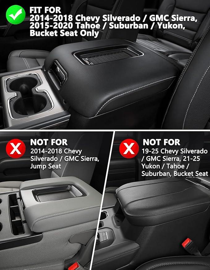 KBH Center Console Armrest Cover for Chevy Silverado, GMC Sierra 2014-2018 & Tahoe Yukon Suburban 2015-2020, Middle Console Lid Protector with Middle Cut, Black (Fits Bucket Seat Only)