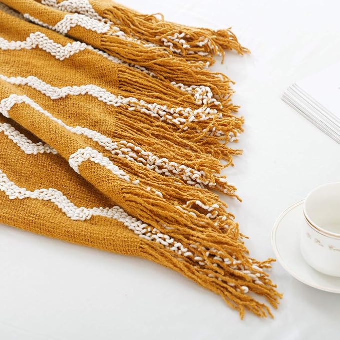 BOURINA Fluffy Chenille Knitted Fringe Throw Blanket Lightweight Soft Cozy for Bed Sofa Chair Throw Blankets, Dark Gold 50" x 60"