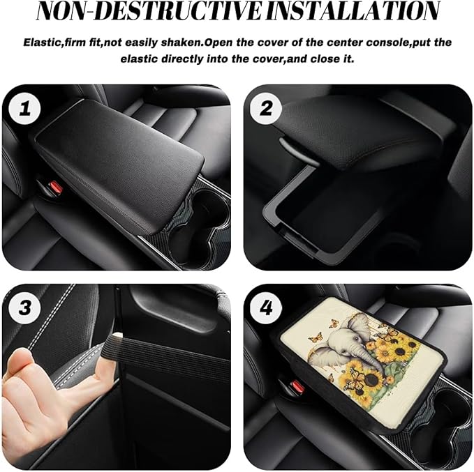 BIGCARJOB Cute Elephant Car Armrest Storage Box for Center Console,Universal Center Console Armrest Pads for Truck Cars Interior Accessories Sunflower Print Car Armrest Seat Box Cover