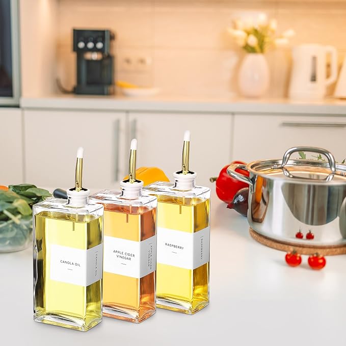 3 Sets Olive Oil Dispenser Bottles for Kitchen with Nozzles Funnel Labels Cooking Oil Dispenser 500ml Set for Kitchen Vinegar Coffee Syrup (Gold)