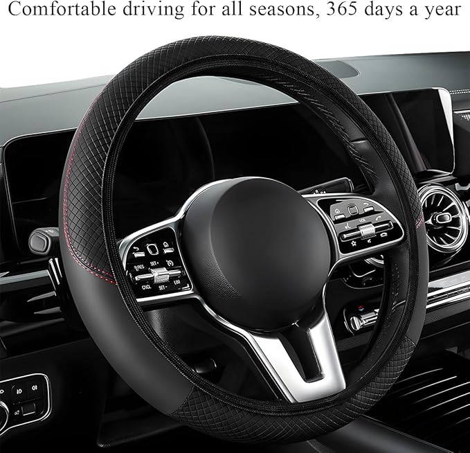 Elastic Steering Wheel Cover - Carbon Fiber Vehicle Protector with Anti-Slip Lining, Microfiber Leather (Black, AD)