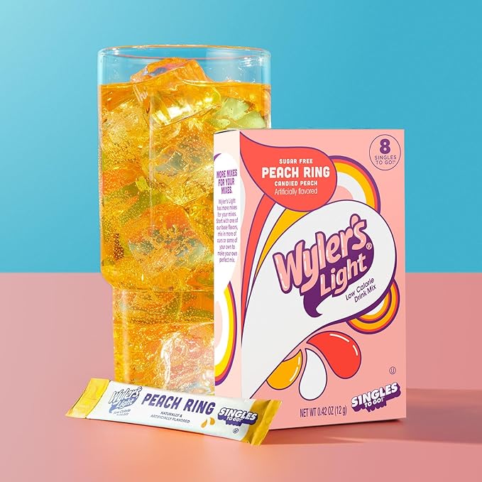 Wyler's Light Singles To Go Powder Packets, Water Drink Mix, Watertok Peach Ring, 96 Servings, 8 Count x Pack of 12