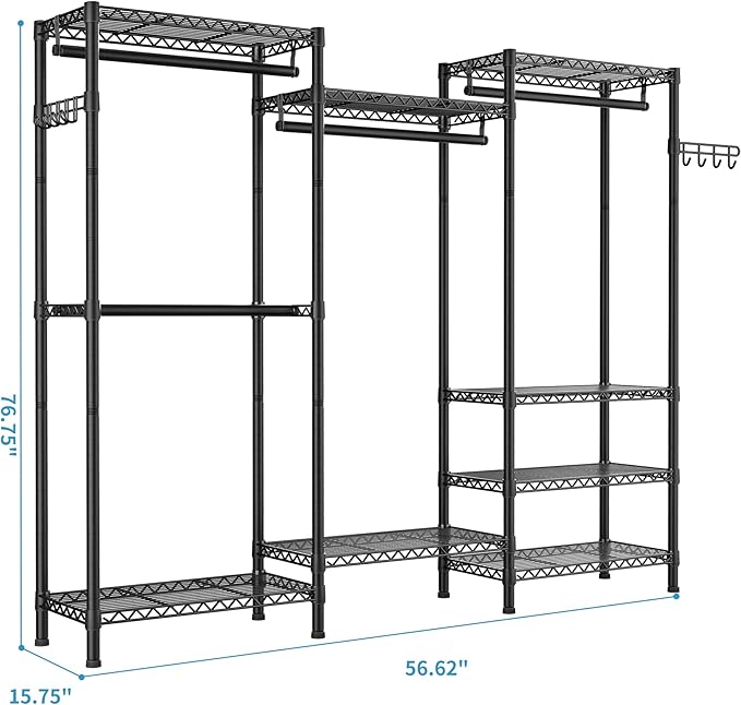 Golpart Heavy Duty Garment Rack Clothes Rack,Large Metal Closet Organizer System Storage Wardrobe,Freestanding Clothing Rack with 8 Adjustable Wire Shelves&4 Hang Rods,MaxLoad 800lbs