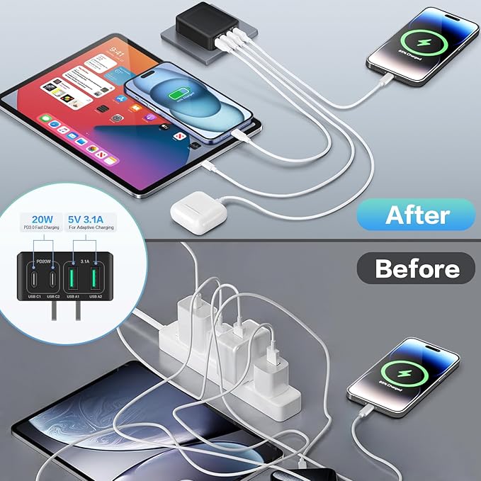 3-Pack USB C Fast Charger Block 40W 4-Port Flat USB C Wall Charger + 3-Pack 38W Dual Port PD + QC 3.0 USB C Car Charger