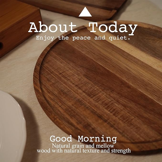 Set of 2 Round Wooden Decorative Serving Tray 13.8 Inch for Coffee Table and Home Decor, Round Wood Tray for Table Centerpiece, Small Candle Tray, Acacia, Appetizer Charcuterie Board