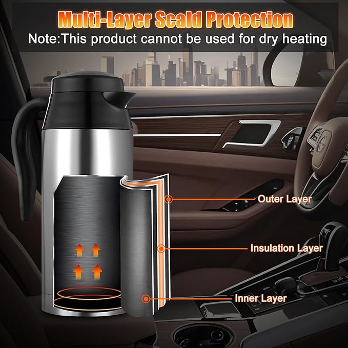 Car Electric Heating Cup 750ml Portable Stainless Steel Travel Mug, Insulated Water Cup, High Efficiency, Double Wall Vacuum Cup Body, High Grade Silicone Sealing Gasket (12V)