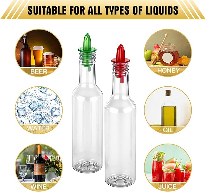 Tioncy 10 Sets 10oz Plastic Liquor Bottles with Pourers Sets 10 Plastic Long Neck Syrup Bottles with Pourer and Caps Reusable Leakproof for Home Party Bar(Multicolor)