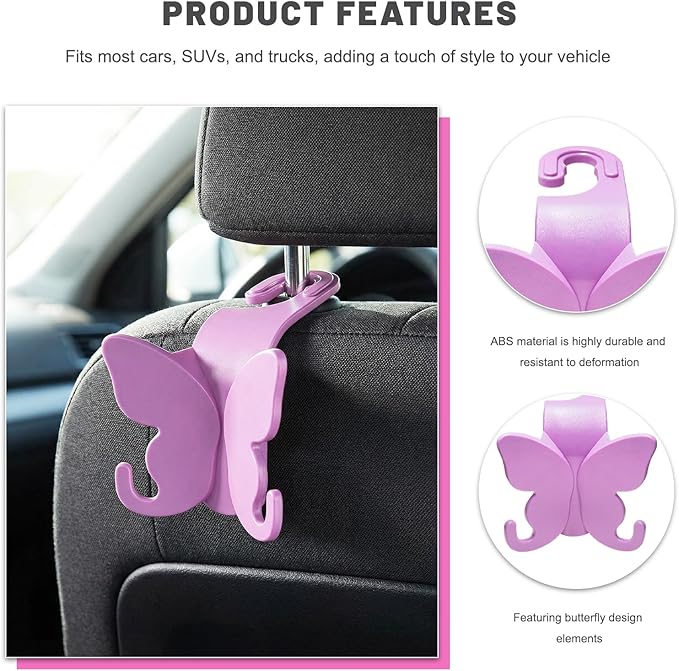 2 PCS Car Seat Headrest Hook, Butterfly Multipurpose Storage Hook Seat Back Purse Holder, Cute Butterfly Headrest Purse Hanger Interior Accessories for Car Truck SUV (Purple)