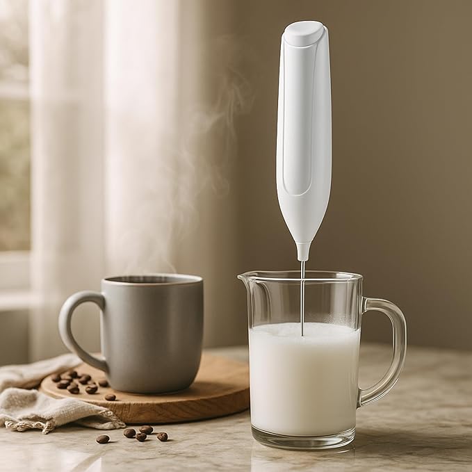 Oggi Handheld Milk Frother, Electric Frother Wand with Stainless Steel Whisk, Mini Whisk for Coffee, Matcha, Latte, Protein, Eggs & More, Battery Operated Compact Frother for Kitchen or Travel, White