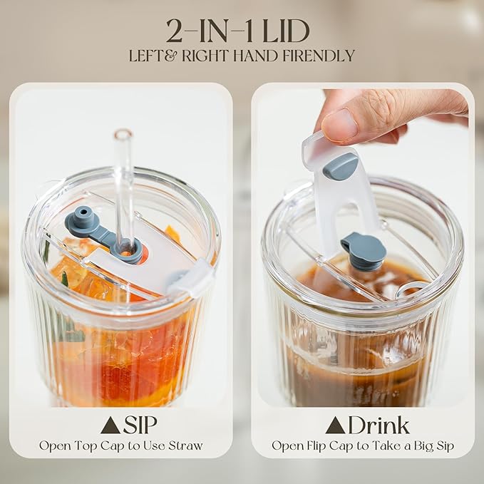 KEMORELA Iced Coffee Cups with Lids 20oz Ribbed Double Wall Glass Cups with Lids and Straws 2PCS, Coffee Bar Accessories， Insulated Borosilicate Glass Tumblers, To Go Coffee Cups, Spill proof tumbler