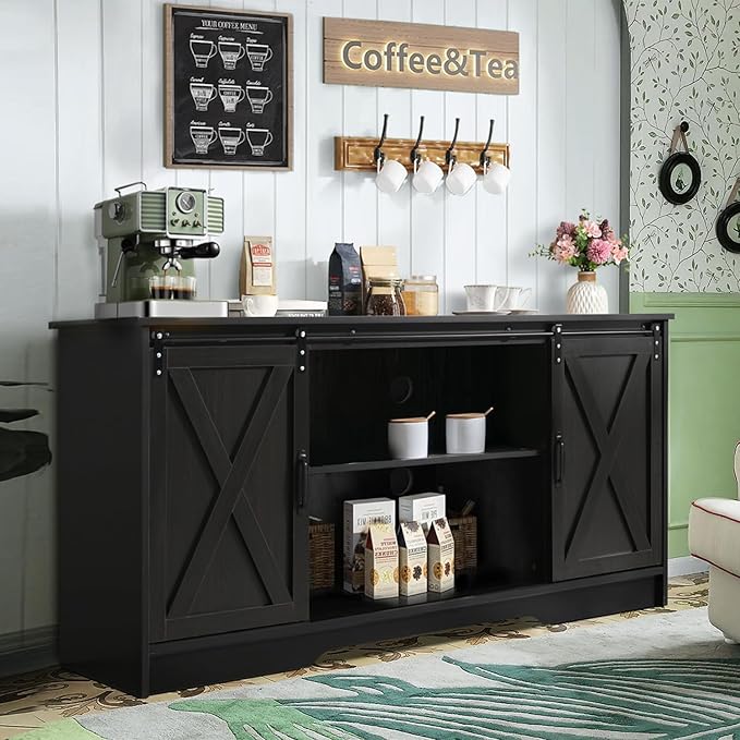 4 EVER WINNER Farmhouse Coffee Bar Cabinet, 59" Large Kitchen Storage Cabinet with Sliding Barn Doors, Buffet Cabinet with Storage Cupboard for Kitchen, Dining Room, Espresso