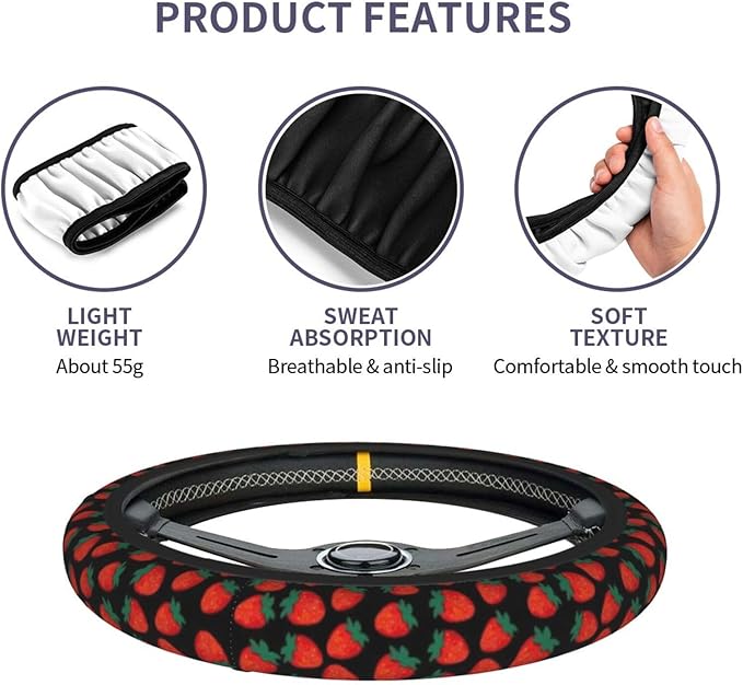 Strawberry Steering Wheel Cover for Women Men Girls Car Accessories Decor Anti-Slip Neoprene Auto Steering Wheel Covers Protector Universal 15 Inch