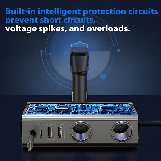 Dual Socket Cigarette Lighter Splitter Adapter with Retractable Phone Charger, 120W Heavy Duty Truck Car USB Chager Multi Port with PD/QC Charge USB C 12V/24V Independent Switches for Car Devices