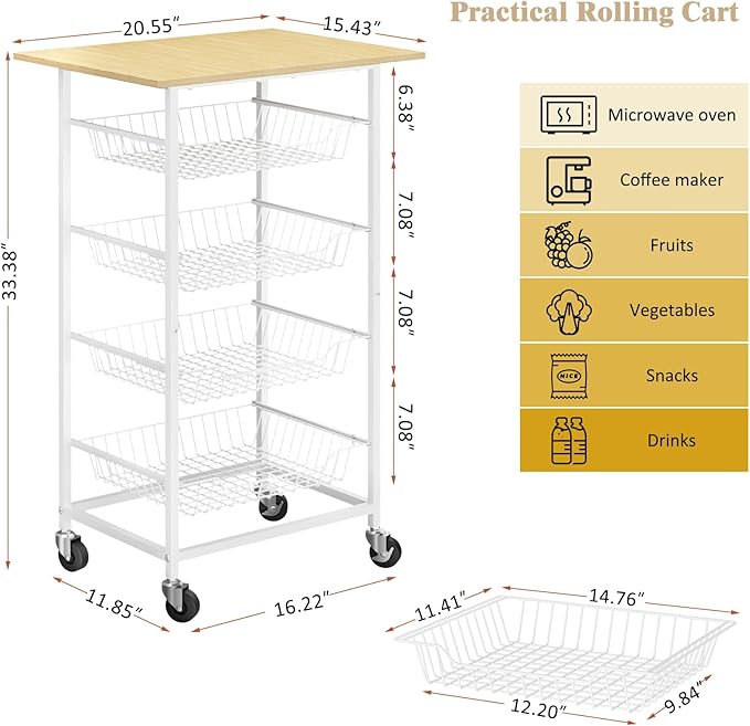 Kitchen Microwave Cart with Fruit Baskets, 5 Tier Microwave Table Stand with Fruit Vegetable Storage Small Rolling Cart on Wheels, Floor Organizers and Storage for Pantry Kitchen, Living Room
