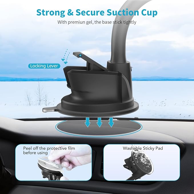 APPS2Car Magnetic Phone Holder Mount with 13-inch Flexible Long Arm & 6 Strong Magnets, Anti-Shake Holder for Truck Windshield Dashboard, Suction Car Mount for All Phones