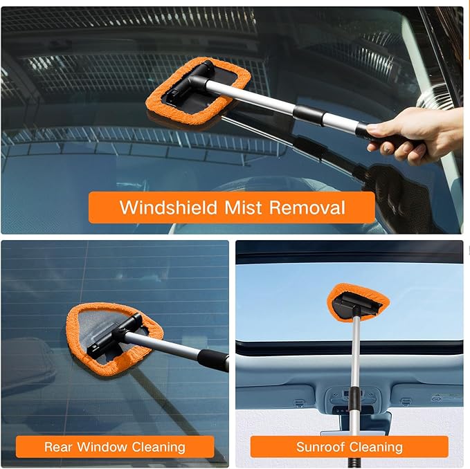 10pcs Windshield Cleaner Tool, Car Window Cleaning Wash Kit with 4 Reusable Microfiber Pads 1 Spray Bottle and Extendable Handle Auto Glass Wiper Kit, Orange