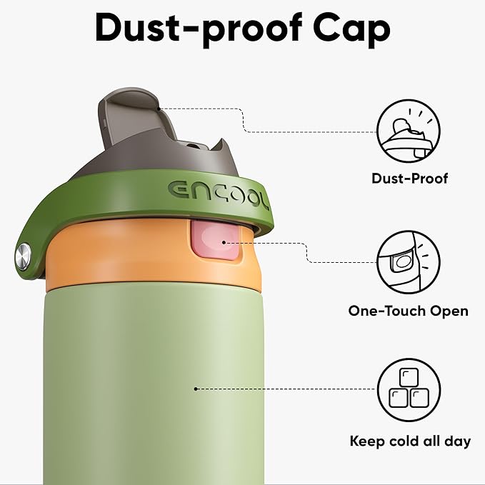 ENCOOL Leakproof Insulated Water Bottle with Straw Dual-Sip Water Bottle Bag-Safe Design for Work, Commute & Gym – Keeps Drinks Cold All Day, 24 oz, Sage Green