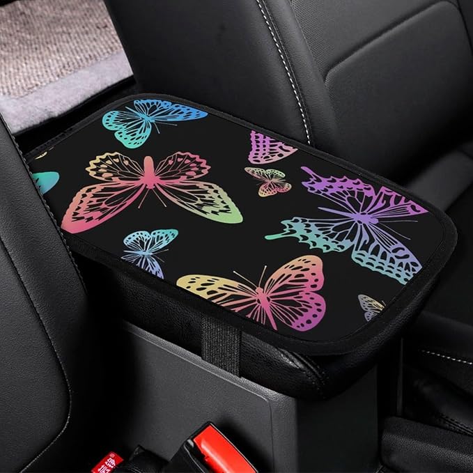Black Rainbow Butterfly Car Center Console Cushion Pad,Waterproof Armrest Seat Box Cover Protector,Comfortable Car Decor Accessories Fit for Most Cars, Vehicles, SUVs