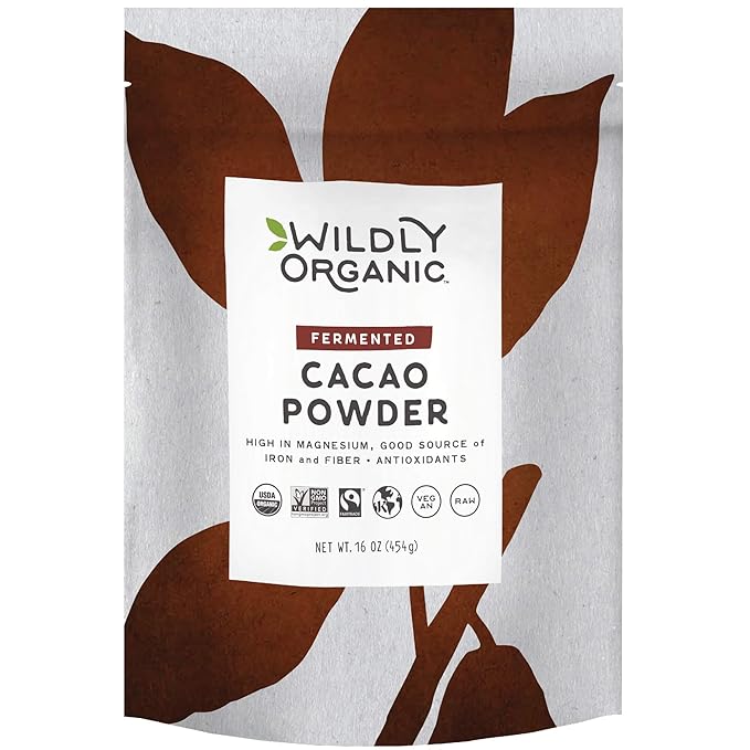 Wildly Organic Fermented Cacao Powder 16 Oz, 1 lb Bag - Organic, Non-Alkalized, Minimally Processed, High in Antioxidants, Raw, Fair Trade, Non-GMO, Kosher, Vegan, Premium Rich Chocolate Flavor - Perfect for Skin, Hair, Smoothies, Yogurt, Oatmeal, Baki...
