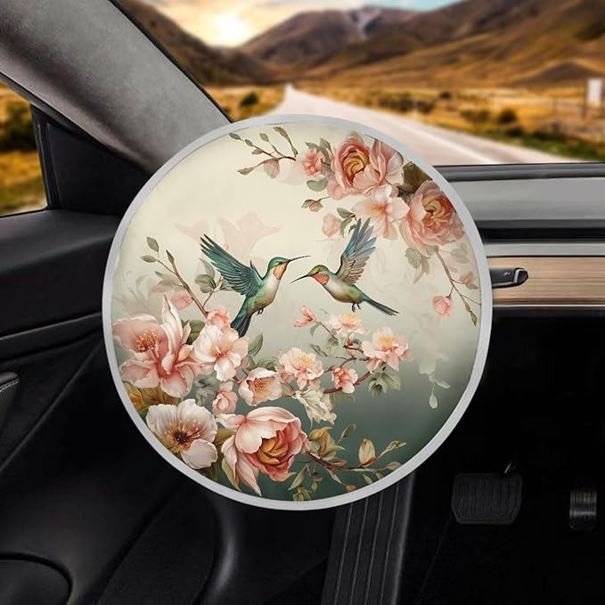 Floral Hummingbird Steering Wheel Sun Shade Cover Heat Protection Vehicle Steering Wheel Reflector Protector Thickened Sun Heat Shield for Most Cars SUV Truck Van