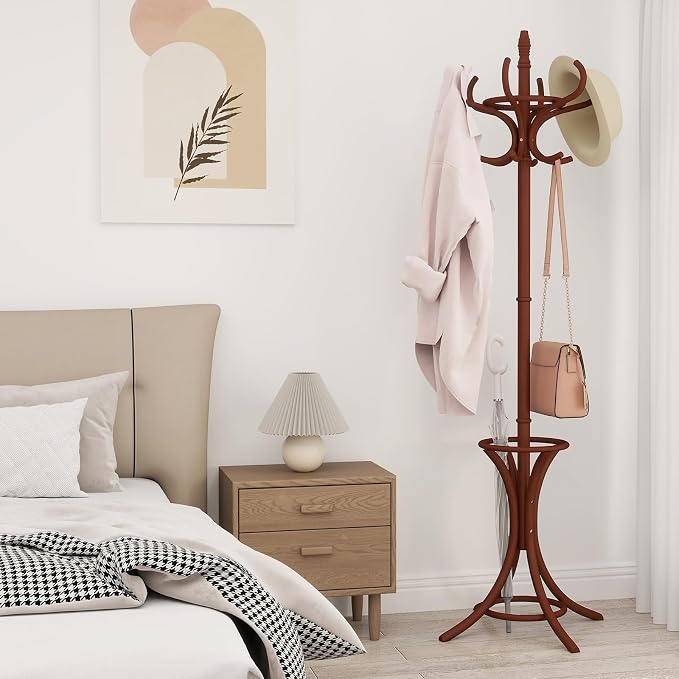 Giantex Solid Wood Coat Rack, Freestanding Hanger Stand w/12 Hooks, Umbrella Holder, Entryway Hall Tree for Coat, Hats, Scarves, Bags, Wooden Garment Rack for Bedroom, Hallway (Reddish Brown)