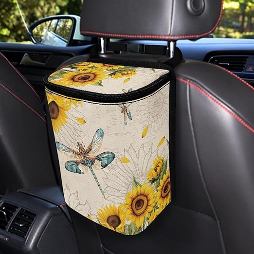 Car Trash Bin Collapsible Cars Organizers and Storage for Front Seat Multipurpose Trash Bag Automotive Garbage Can Cars Accessories Interior Car Organizer, Dragonfly Sunflower