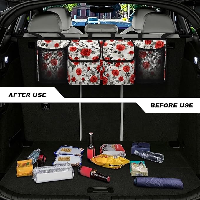 Car Trunk Organizer, Vintage Flower Car Organizers and Storage Backseat Car Organizer for SUV/Truck/MPV, Hanging Car Organization with 4 Pocekts, Frees Trunk Floor, Sturdy Space Saving Expert