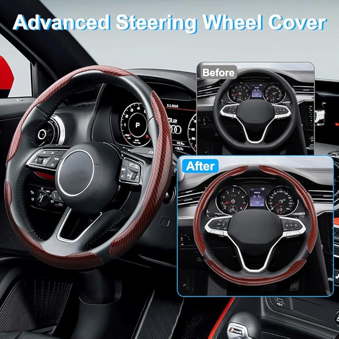 Carbon Fiber Steering Wheel Cover 3PCS, Non-Slip Grip for Universal Cars,Fit for 14–16 Inch Wheels, Interior Accessories for Cars Trucks (red)