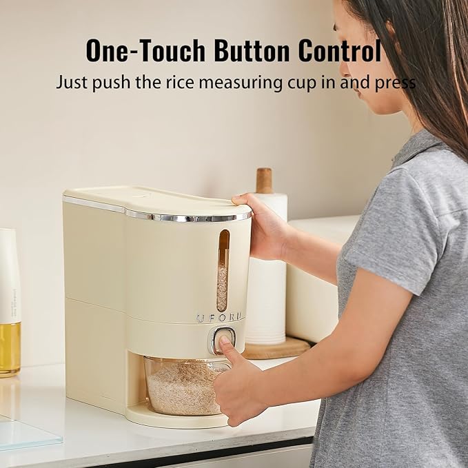 UFORU Rice Dispenser, Rice Storage Container with Measuring Cup for Kitchen Pantry Household, Dry Food Storage Containers Airtight, Sealed Moisture Proof, Cream White 11 Lbs