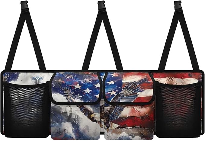Eagle America Flag Car Trunk Organizer, Hanging Seat Back Storage Organizer with Large Pockets, Space-Saving Backseat Car Organizer, Large Capacity Collapsible Bag for Most Vehicles