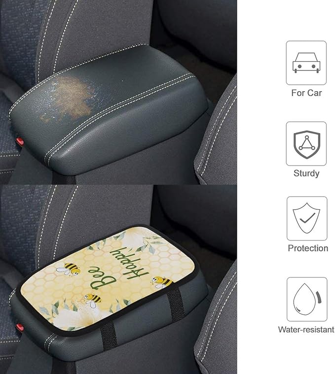Bee Happy Bumble Bees Yellow Honeycomb Car Center Console Cushion Pad,Waterproof Armrest Seat Box Cover Protector,Comfortable Car Decor Accessories Fit for Most Cars, Vehicles, SUVs