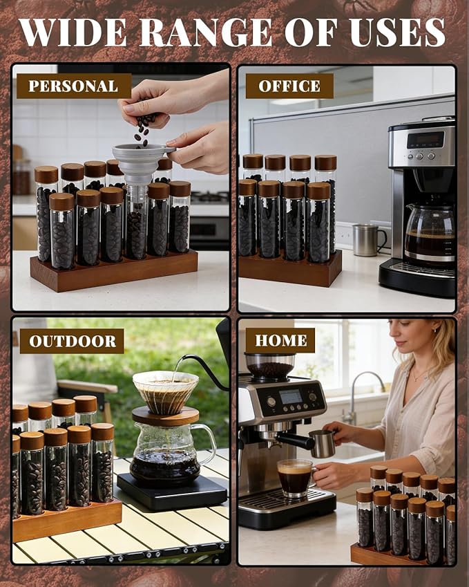 Single Dose Coffee Bean Storage Tubes, 12 Pcs Coffee Container Set 60ml &80ml Glass Small Coffee Bean Jar with Wooden Lids, Walnut Stand, Foldable Silicone Funnel & Labels
