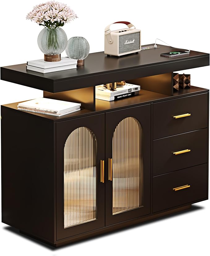 Buffet Cabinet with Storage, Modern Coffee Bar Table with 3 Drawers and 2 Doors for Kitchen, 20-Color LED Lights Sideboard Buffet Cabinet with Charging Station, Black