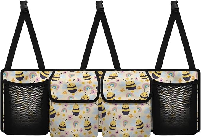Car Trunk Organizer and Storage, Cartoon Bees Large Capacity Backseat Hanging Storage with 4 Storage Bag Car Accessories, Backseat Car Organizer Universal for Cars, Truck, vans
