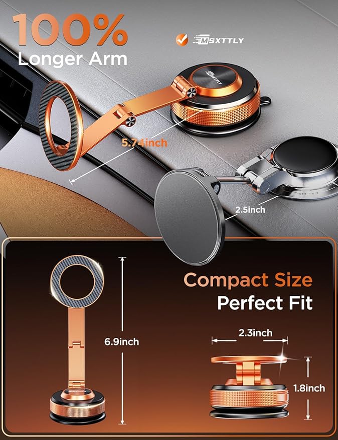 Car Phone Holder – 360° Magnetic Car Phone Mount with Metal Long Arm & Extended Reach 2026 Tesla Phone Holders for Your Car for iPhone 17 Pro Max 16 15 14 13 12 Plus, Orange