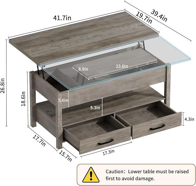 42'' Lift Top Coffee Table, 4-in-1 Multifunctional Lift Coffee Table with Storage & Hidden Compartments, Farmhouse Coffe Table with Lifting top for Living Room, Dining Reception Room, Grey