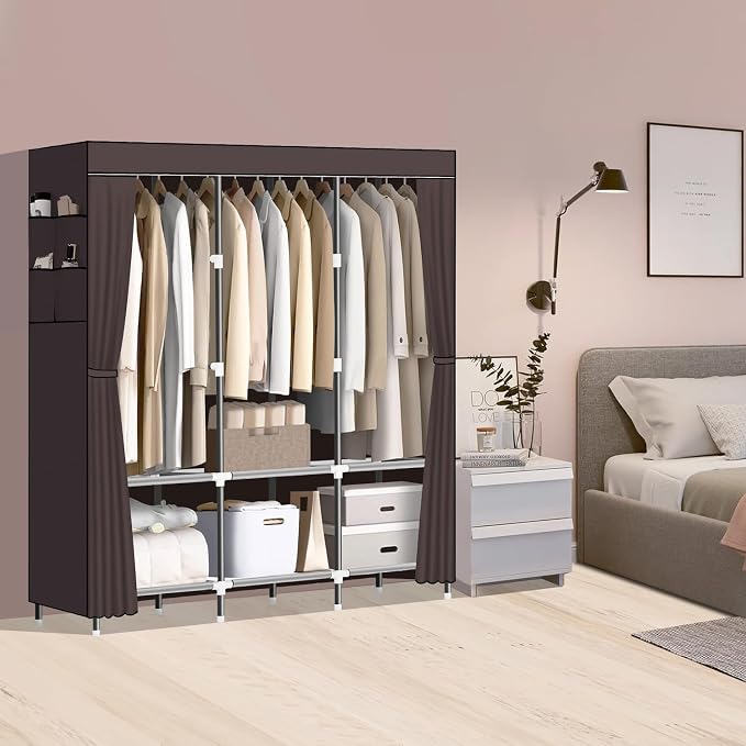 LOKEME Wardrobe Closet,Portable Closet for Bedroom Steel Pipe Diameter 19mm Strong and Sturdy Coffee Colored Portable Closets for Hanging Clothes with 3 Hanging rods, 6 Storage Shelves and Side Pocket