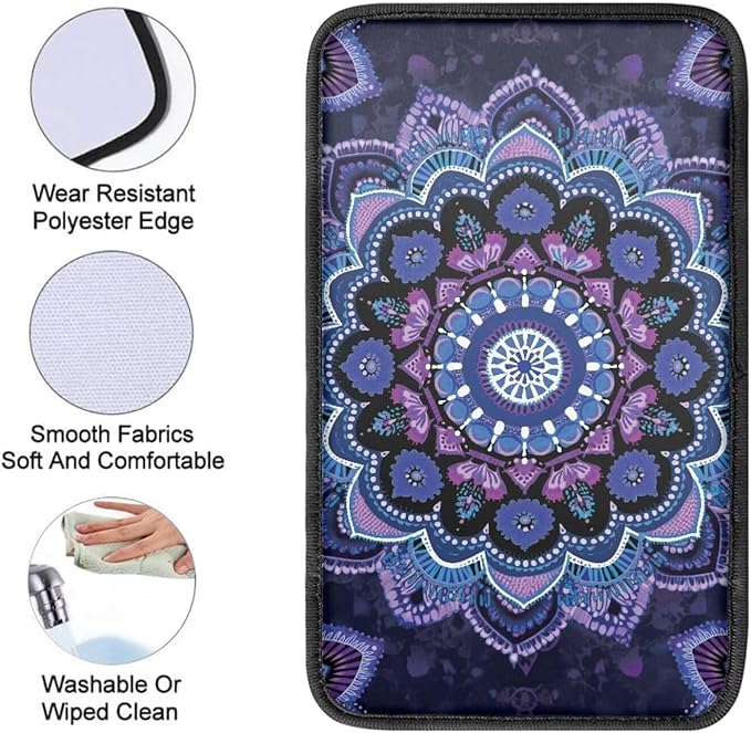 Neoprene Armrest Cushion Cover for Car Boho Mandala Flower Print Armrest Box Cover Center Console Pad for Truck Sedan SUV, Universal Fit