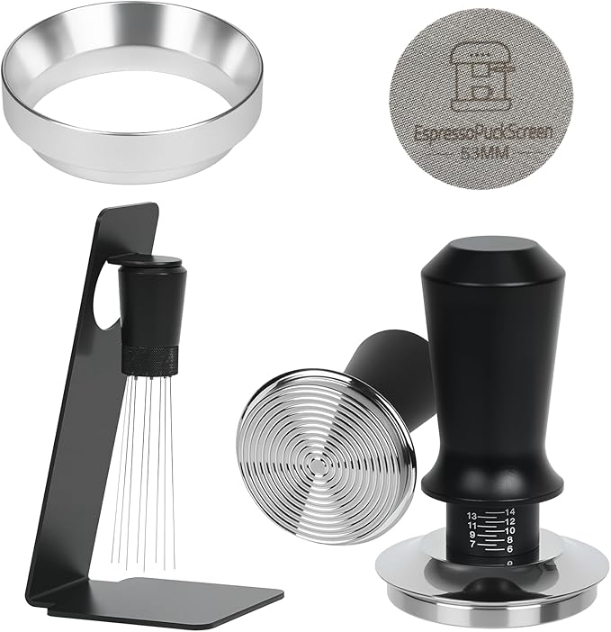 53mm Espresso Tamper Kit - Dual-Spring Calibrated Coffee Tamper, 8-Needle WDT Tool Espresso Distribution Tool, Magnetic Aluminum Dosing Funnel, Reusable Puck Screen, Fit Breville 54mm Portafilters