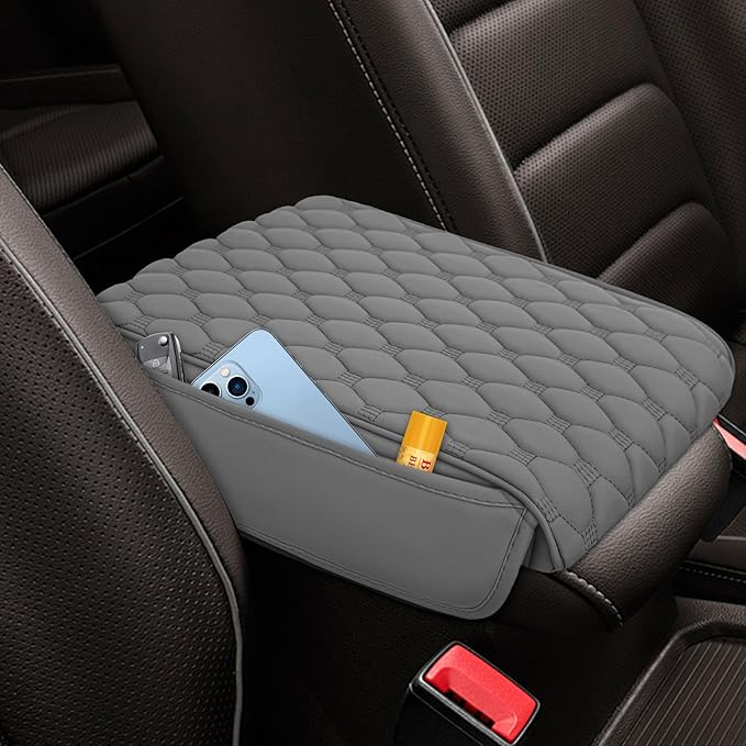 Upgraded Car Center Console Cover, Armrest Cover for Car, Waterproof Leather Auto Armrest Cover Protector with 2 Pocket, Comfortable Arm Rest Box Cushion Pad for Vehicles, Trucks (Grey)
