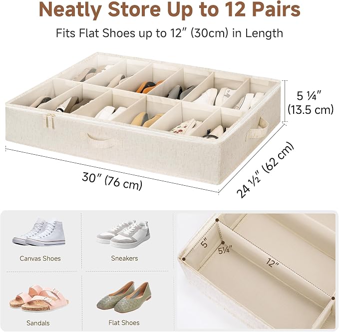 StorageWorks Underbed Shoe Storage Organizer for Closet, 2-Pack Fabric Under Bed Shoe Organizer with Adjustable Dividers, Fits up to 24 Pairs, Beige(Natural Texture)