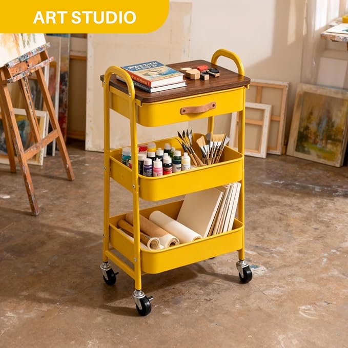 AGTEK Rolling Cart with Drawer, 3 Tier Movable Metal Utility Organizer with Wooden Board, Mobile Trolley Cart for Home & Office, Yellow
